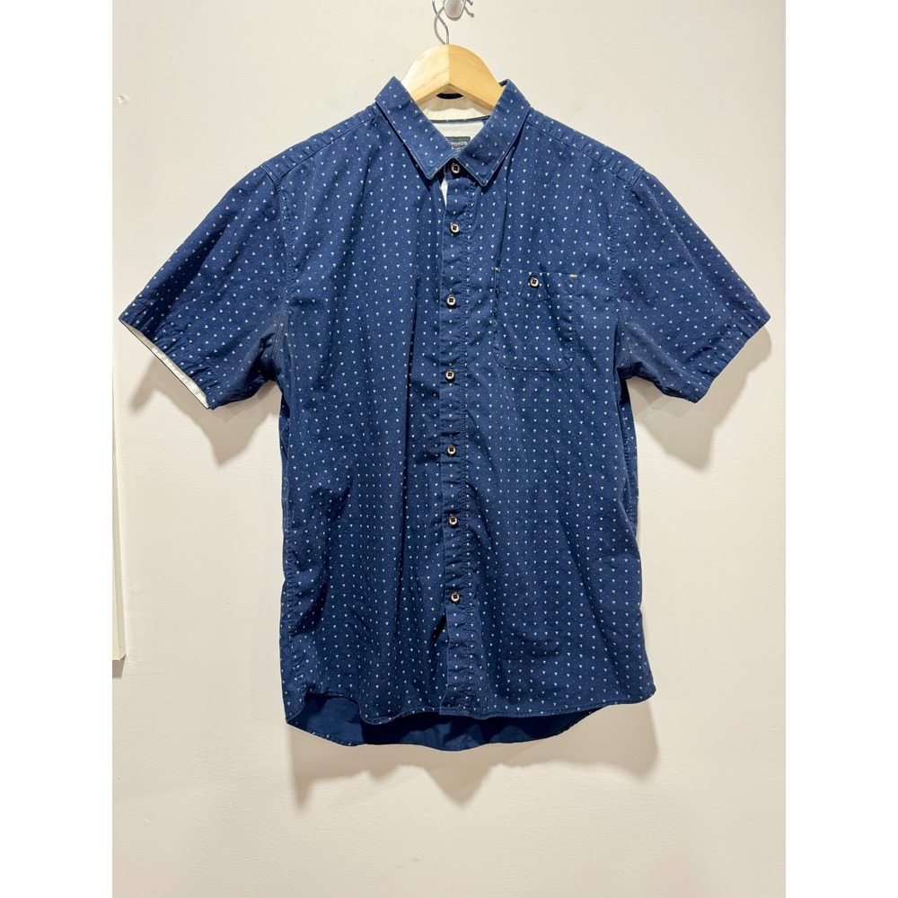 7Diamonds Men Large Blue Pima Cotton Geometric Triangle Print Short Sleeve Shirt